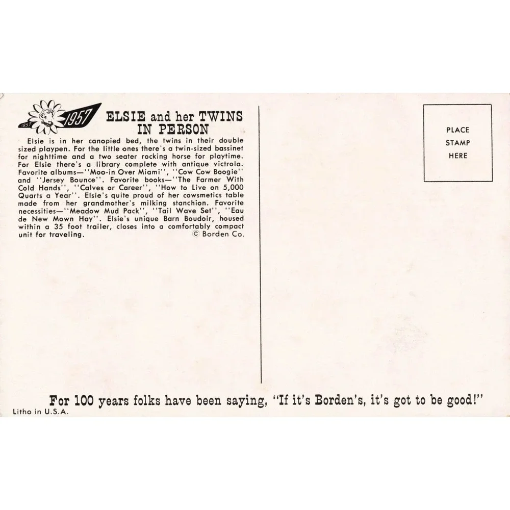 Vtg 1957 Elsie the Cow Borden's Advertising Postcard Twins Traveling Exhibit